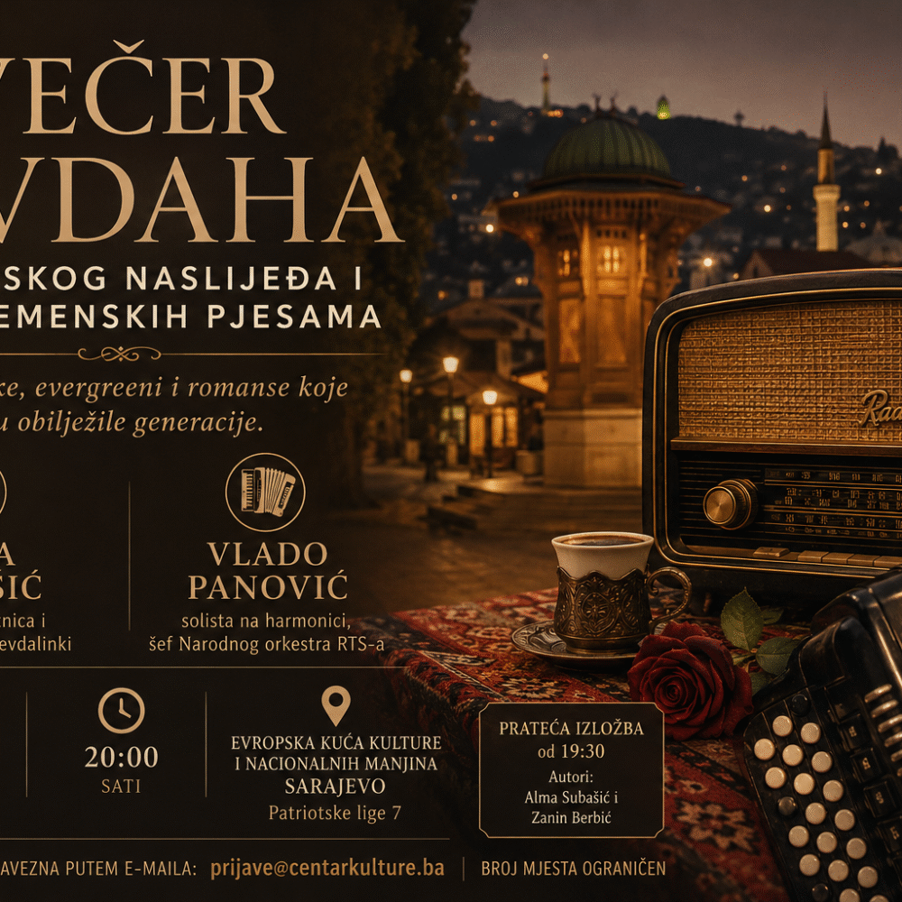 Večer sevdaha Sarajevo koncert Alme Subašić i Vlade Panovića u Evropskoj kući kulture Sarajevo