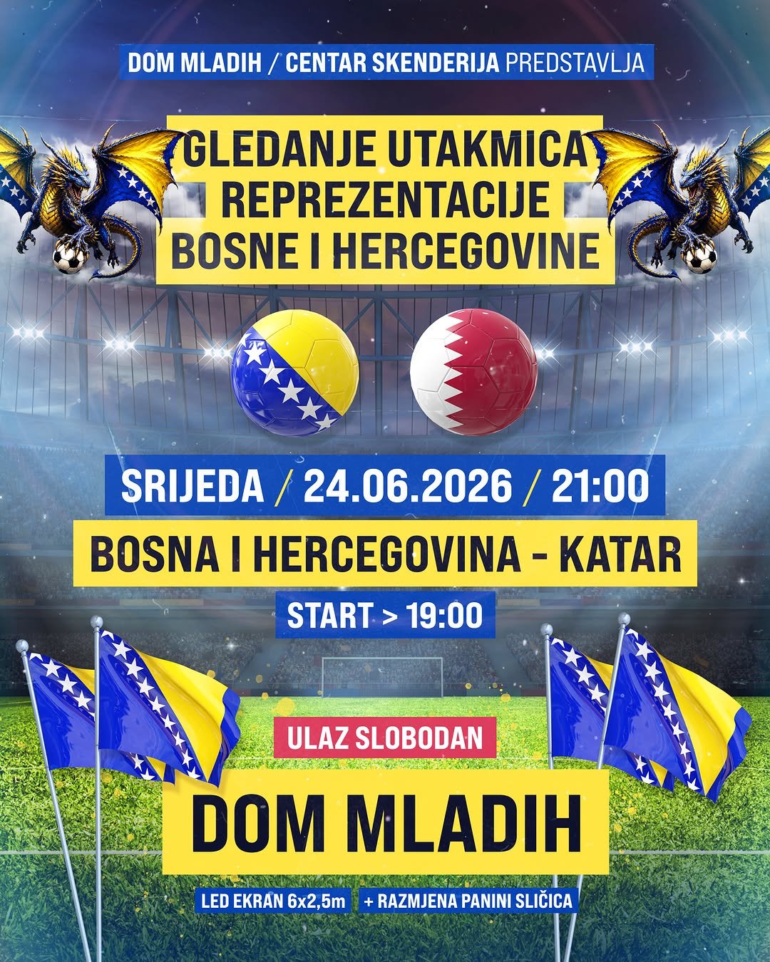 Javno gledanje utakmice BiH – Katar Sarajevo